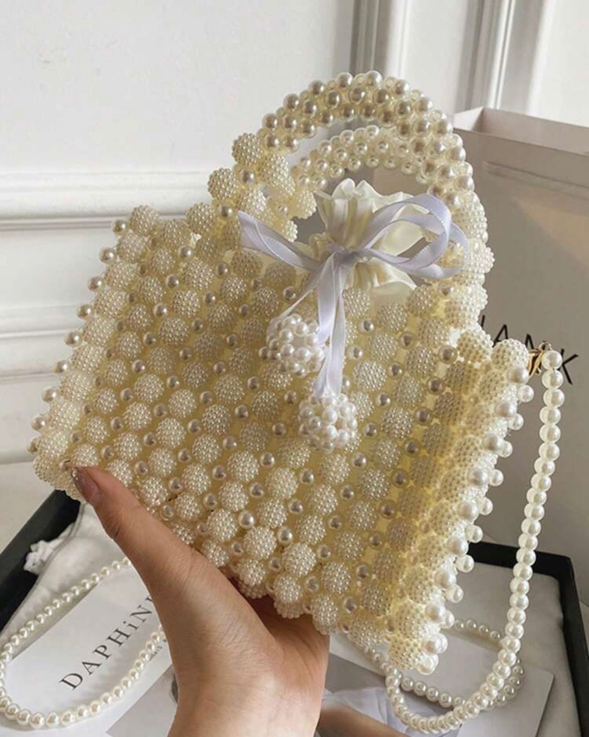 White Faux Pearl Handmade Beaded Crossbody statement Bag