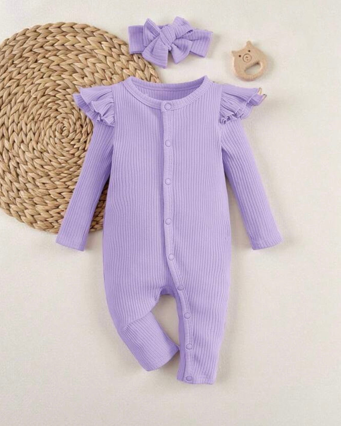 Newborn Baby Girl 2-Piece Purple Knit Romper Set with Headband