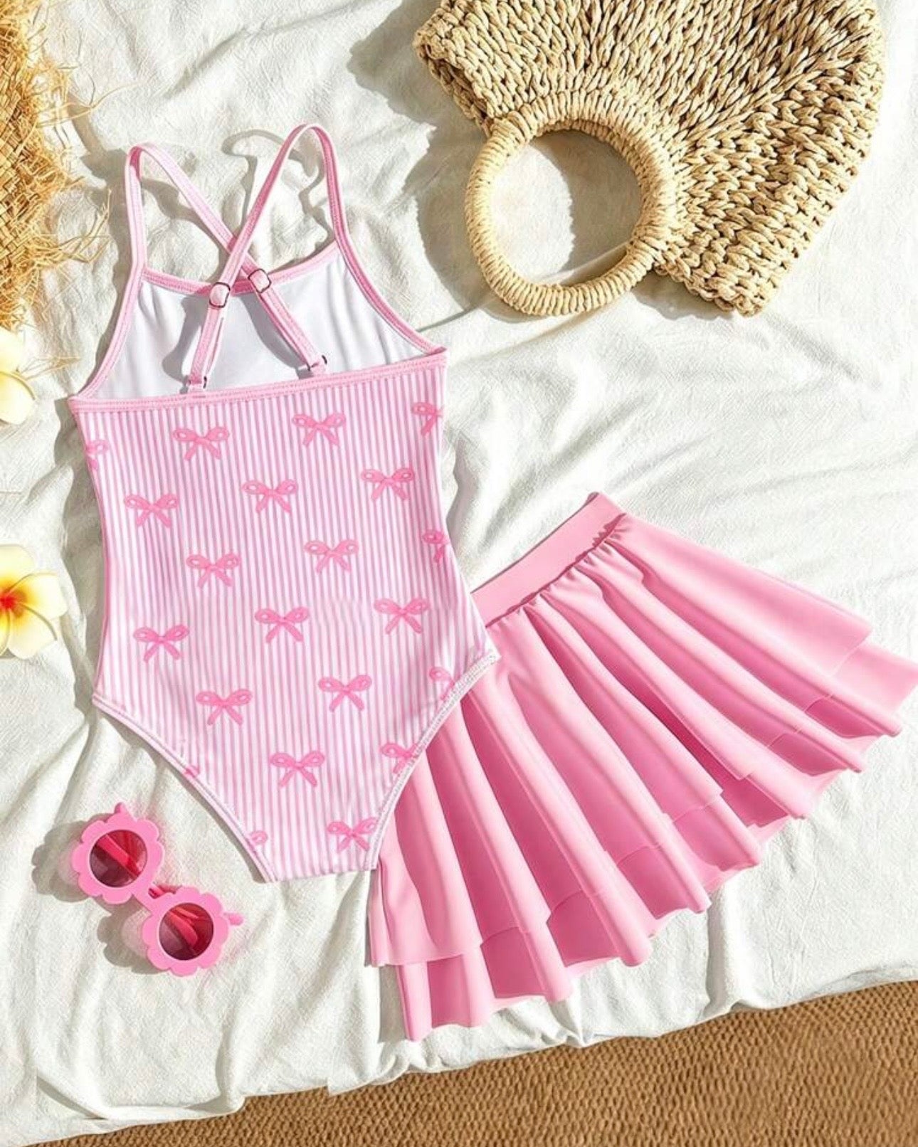Girls Bow Print One-Piece Swimsuit with Pink Skirt