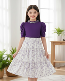 Tween Girl 2Pcs Outfit – Dark Purple Faux Pearl Top & Floral Ruffle Skirt Set