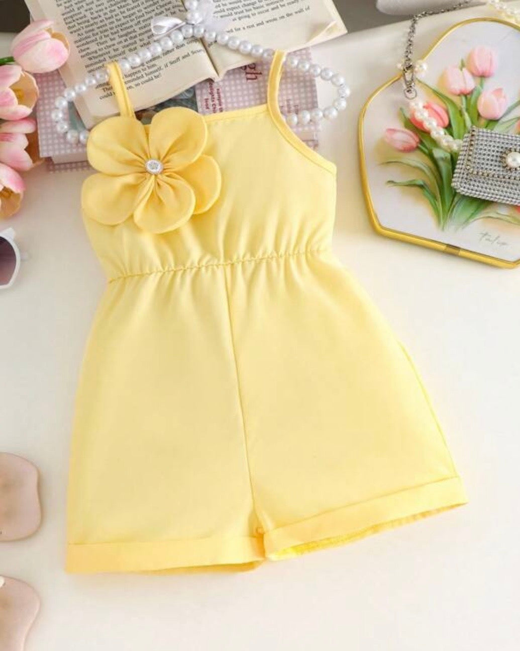 Baby Girl Floral Strap Romper – Yellow Sleeveless Summer Outfit with 3D Rosette Detail