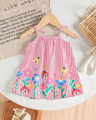 Baby Girl Pink Floral & Honey Bee Print Suspender Dress with Bow