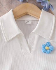 Girls Light Blue Floral Outfit Set – Sleeveless Polo Shirt & Pleated Skirt