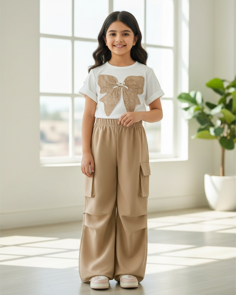 Tween Girls khaki Graphic Tee & Bow Pants Set