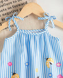 Baby Girl Blue Floral Suspender Dress with Bow – Summer Elegant Outfit