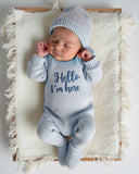 2Pcs Set Hello I'm Here Embroidery Newborn Photography Outfits (4 Colours)
