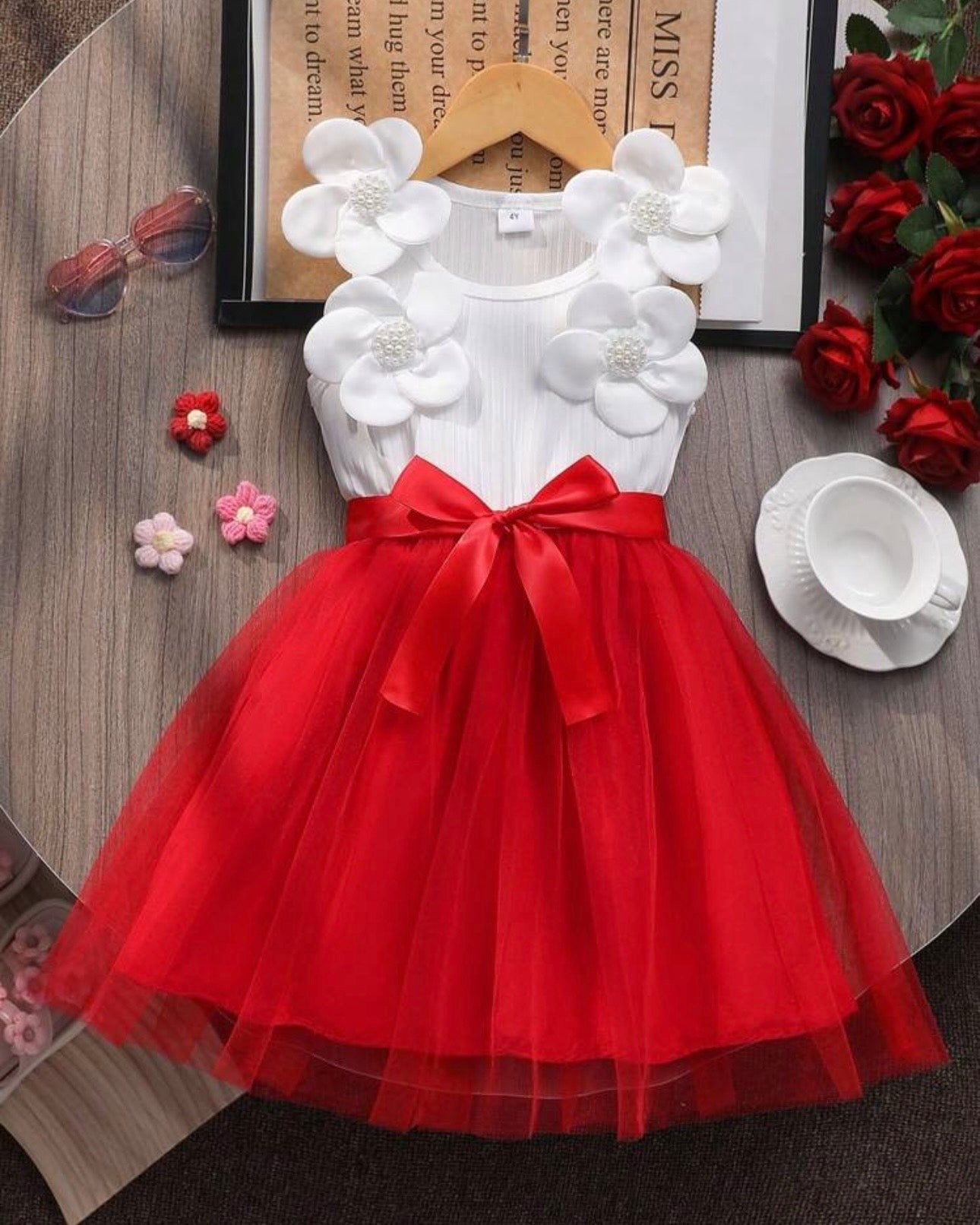 Kids Girls 3D Red Floral Mesh Sleeveless Summer Party Dress