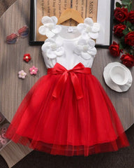 Kids Girls 3D Red Floral Mesh Sleeveless Summer Party Dress