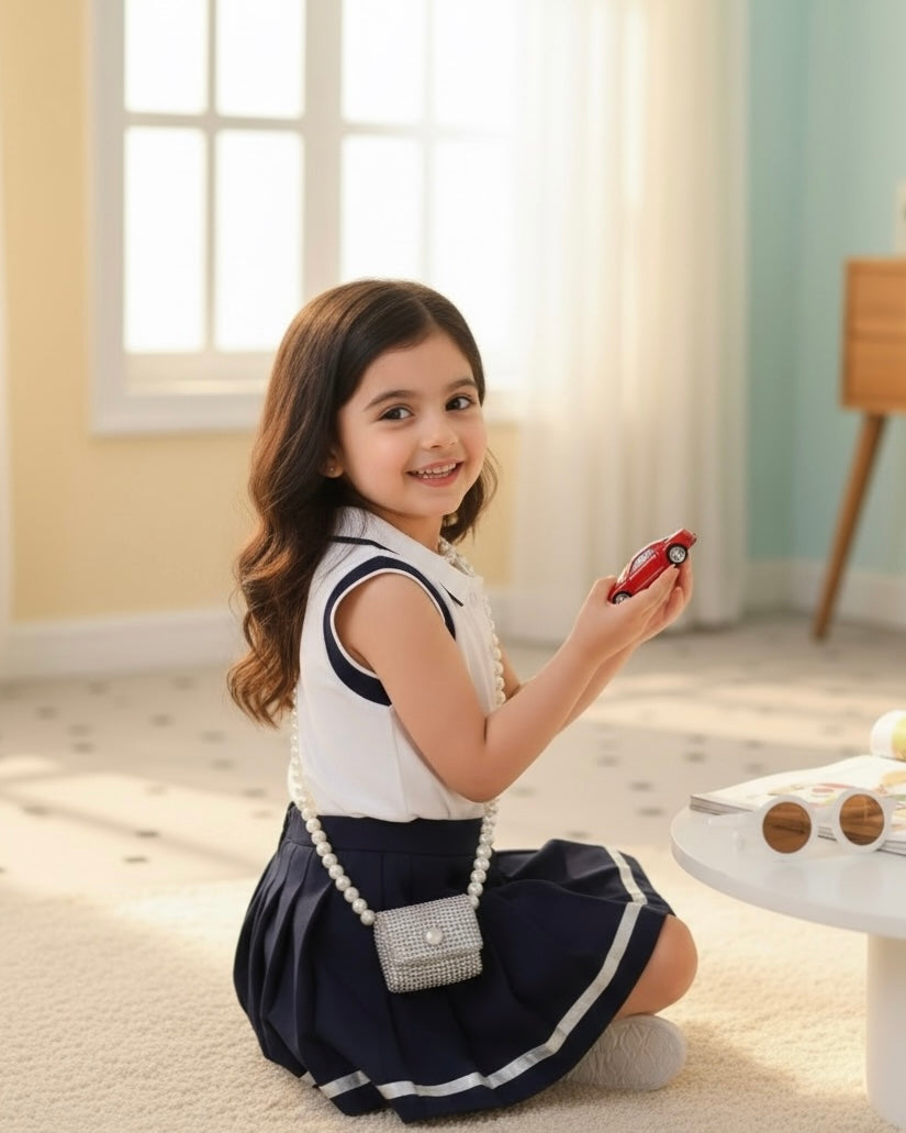 Cartoon Print Polo Vest And Pleated Skirt Casual Outfit For Girls