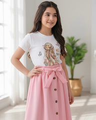 Tween Girl Cartoon Printed Pink Short Sleeve T-Shirt And Waist-Tied Skirt
