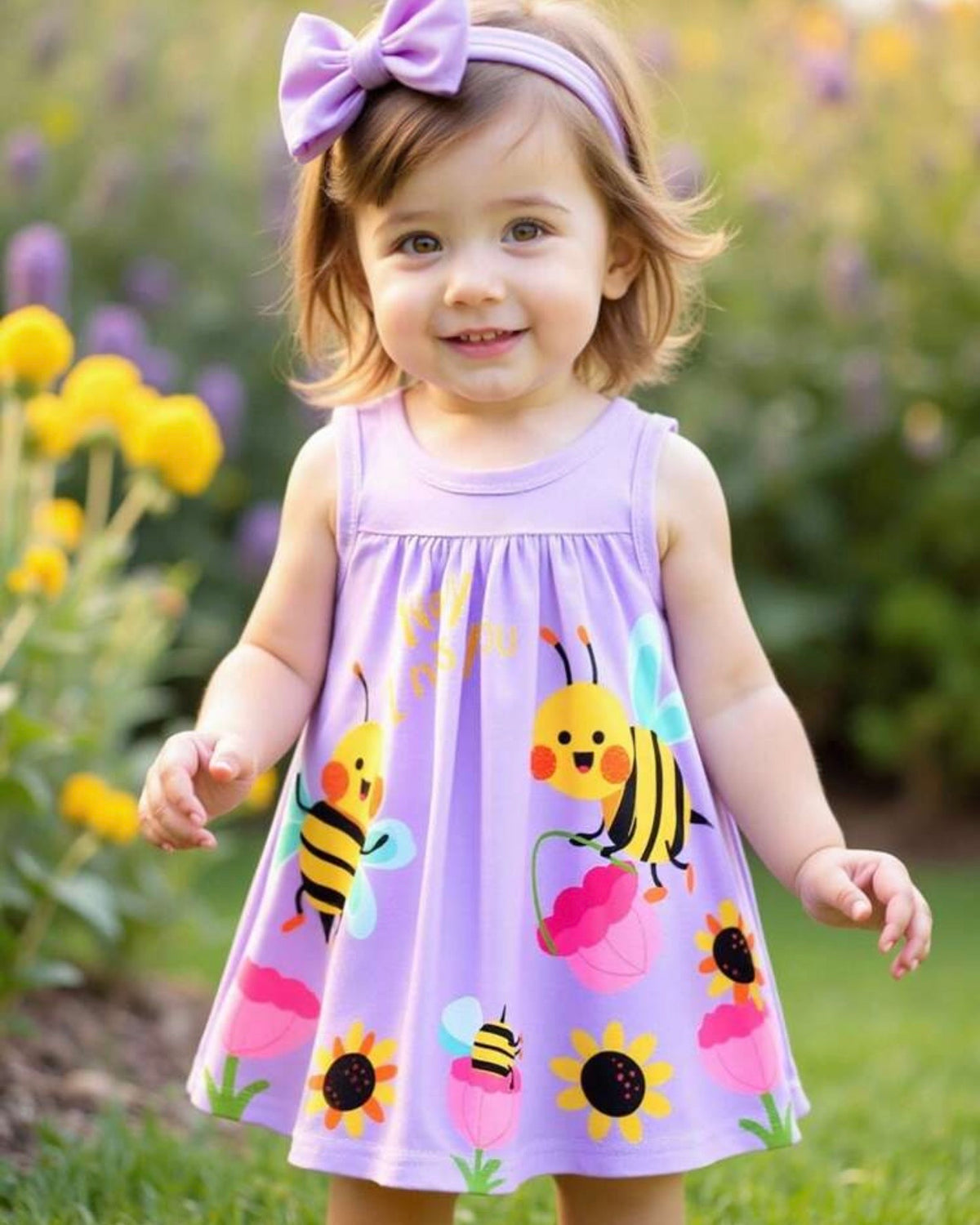 Baby Girl Purple Floral & Honey Bee Print Suspender Dress