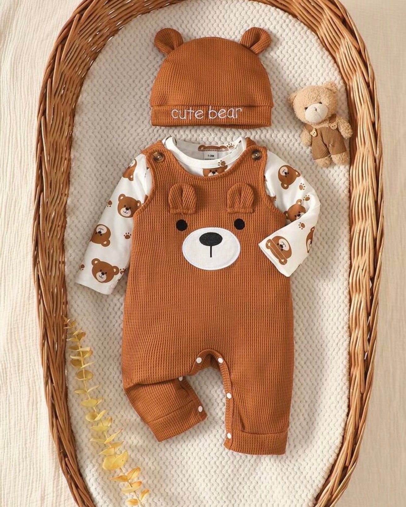 Newborn Baby Boy Brown Bear Jumpsuit Set with Letter Embroidered Romper & Hat