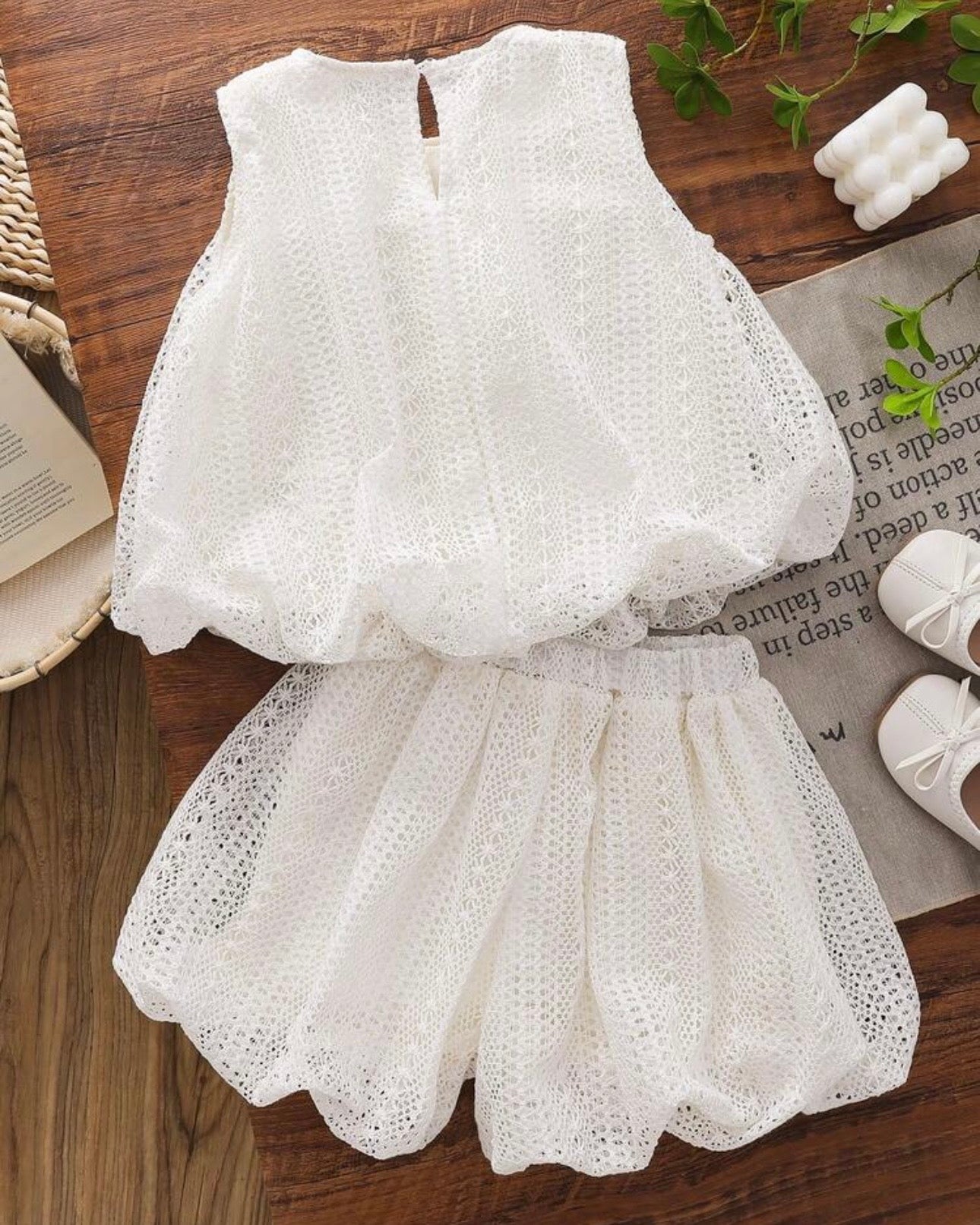Girls 2pc Sleeveless White Top with Cherry Decor & Ruffle Hem Shorts