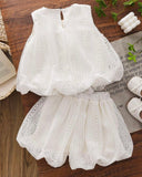 Girls 2pc Sleeveless White Top with Cherry Decor & Ruffle Hem Shorts