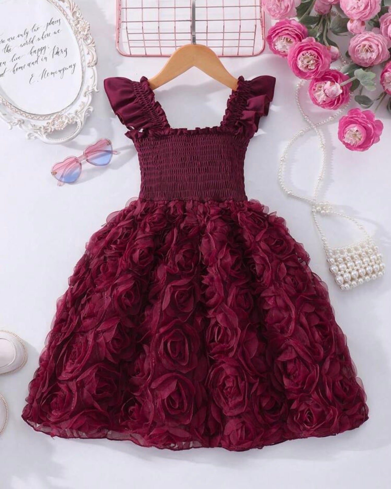 Floral Patchwork Summer Dress – Burgundy Colour Faux Shirred Cap Sleeve Dress