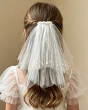 Girls’ white Double-Layer Pearl Mesh Veil Hair Clip
