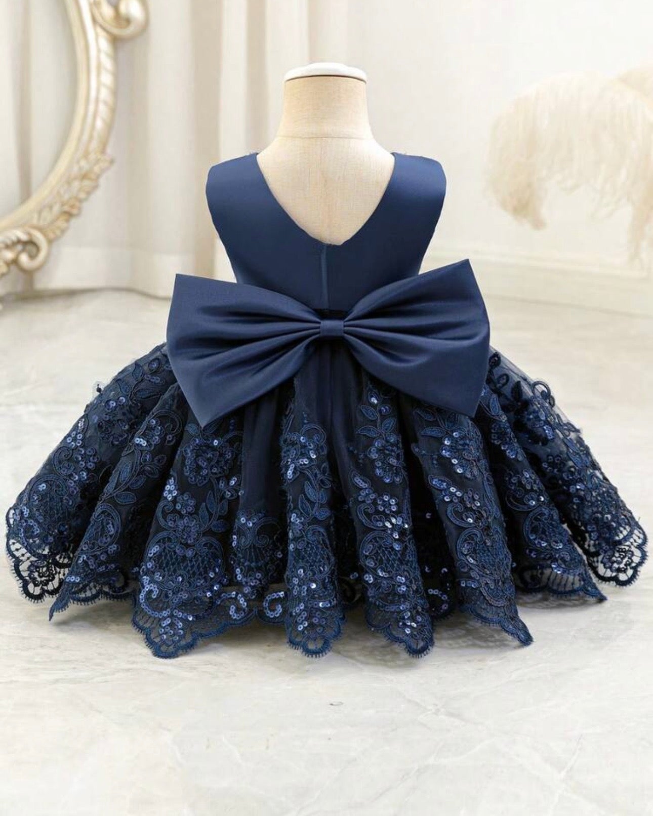 Baby Girl Navy Blue Lace Princess Dress With Bow