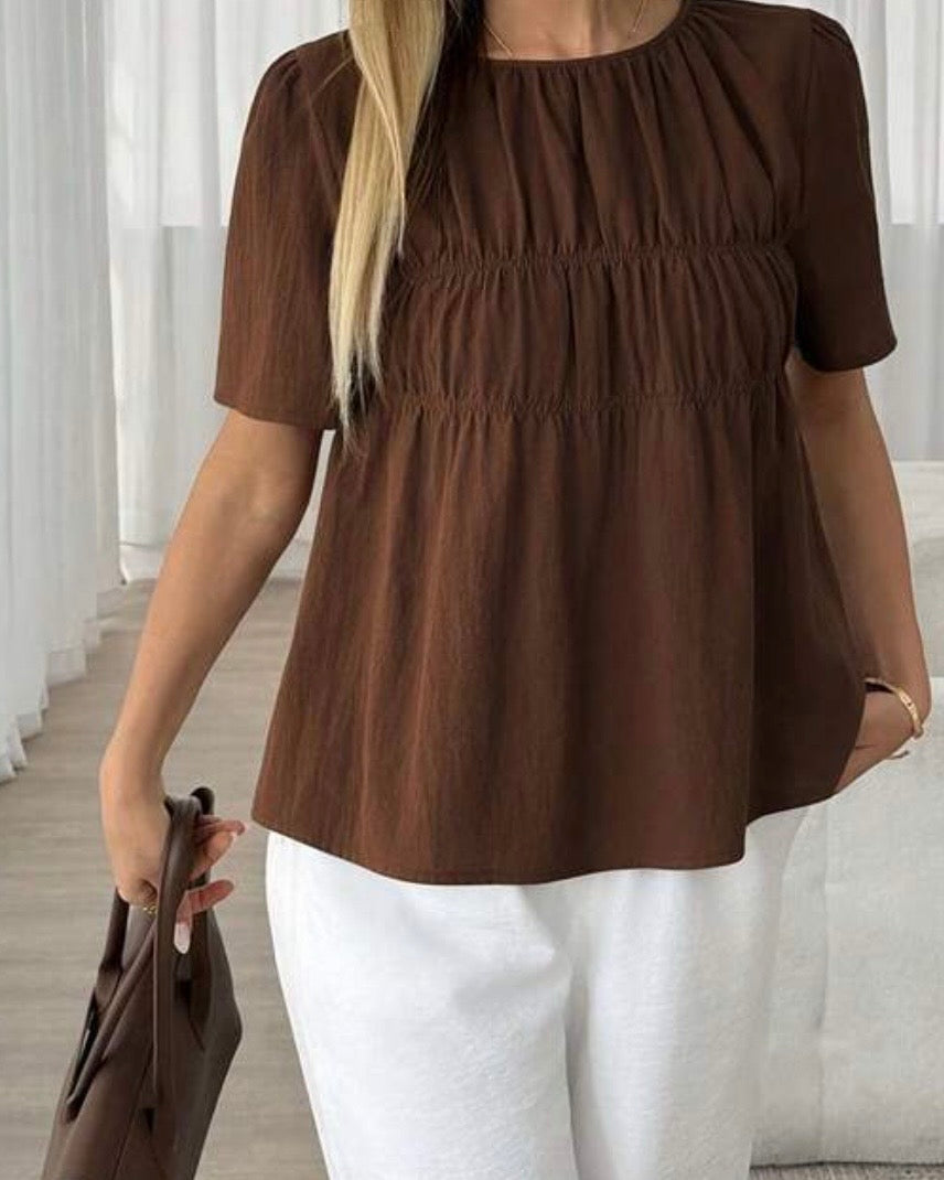 Cotton Casual Brown Blouse – Short Sleeve Summer Top