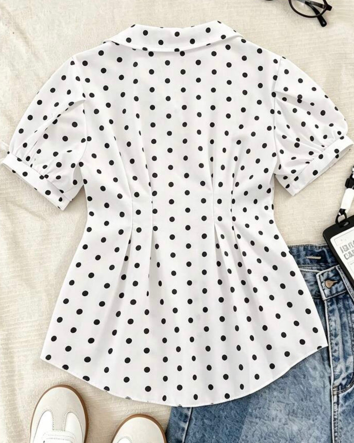 Girls White & Black Polka Dot Button-Down Collared Shirt