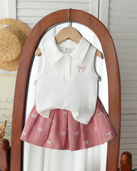 2pcs White Baby Girl Bowknot-Shape Embroidery Sleeveless Top and Pink Pleated Skirt