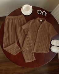 2pc Boys Brown Textured Shirt & Trouser Set