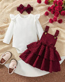 3PCS Baby Girl White Bodysuit, Meroon Suspender Dress & Headband Set