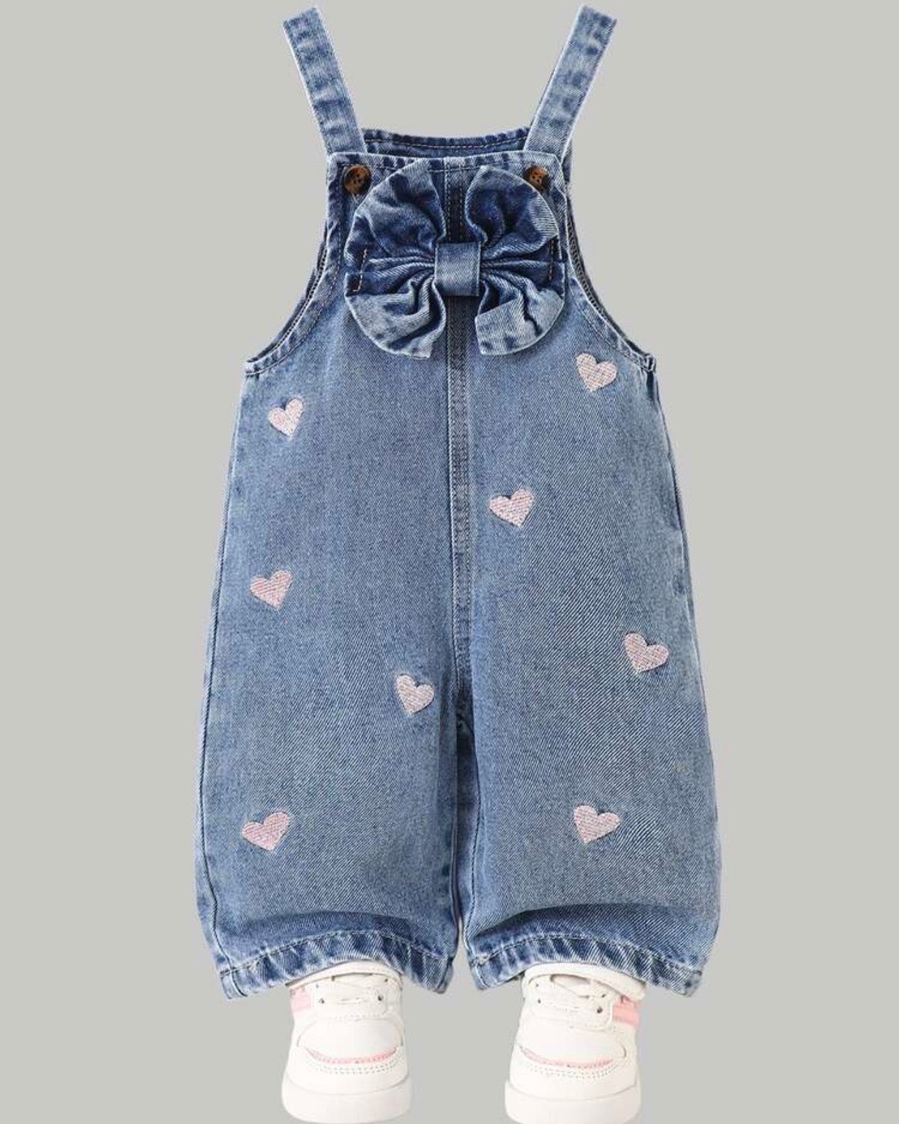 Girls Pink And White Heart Embroidered Denim Jumpsuit