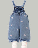 Girls Pink And White Heart Embroidered Denim Jumpsuit