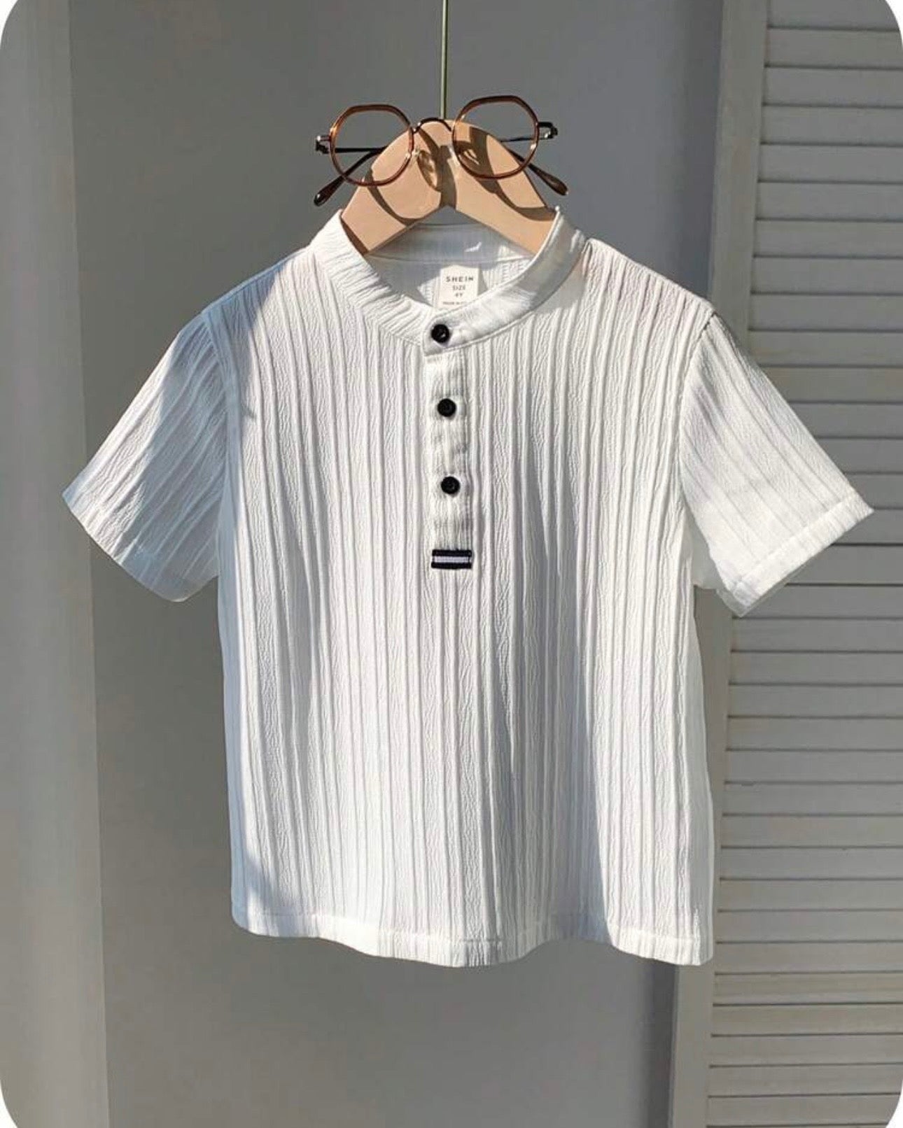 Boys Textured Stand Collar White Shirt