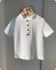 Boys Textured Stand Collar White Shirt