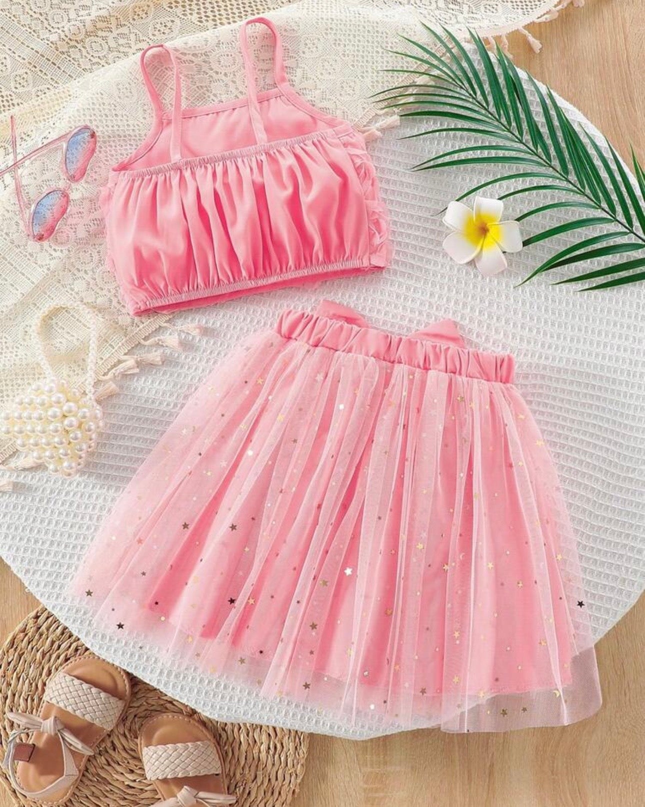 Young Girls Floral Embroidery Top & Star Mesh Skirt 2-Piece Set