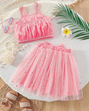 Young Girls Floral Embroidery Top & Star Mesh Skirt 2-Piece Set
