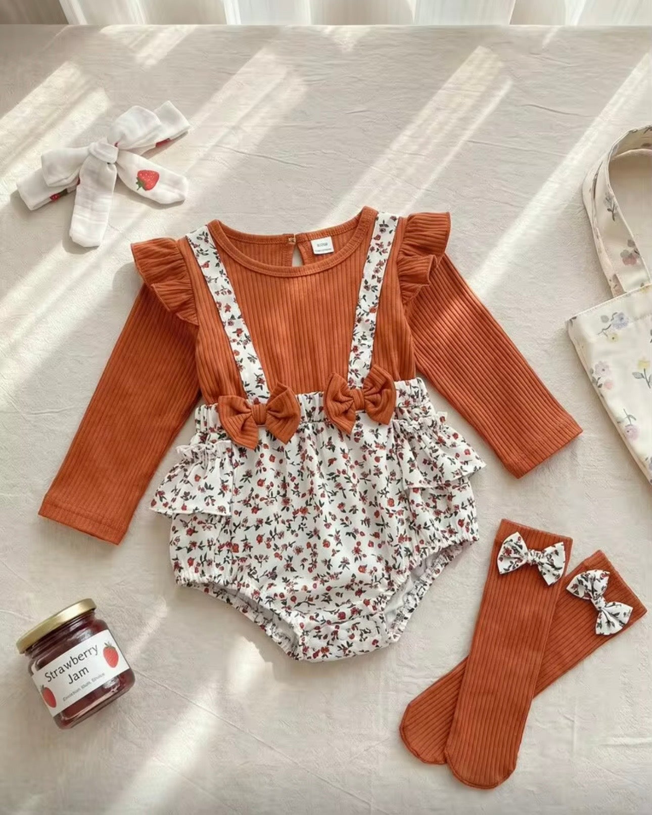 2-Piece Baby Girls’ Rust Brown Floral Romper & Socks Set
