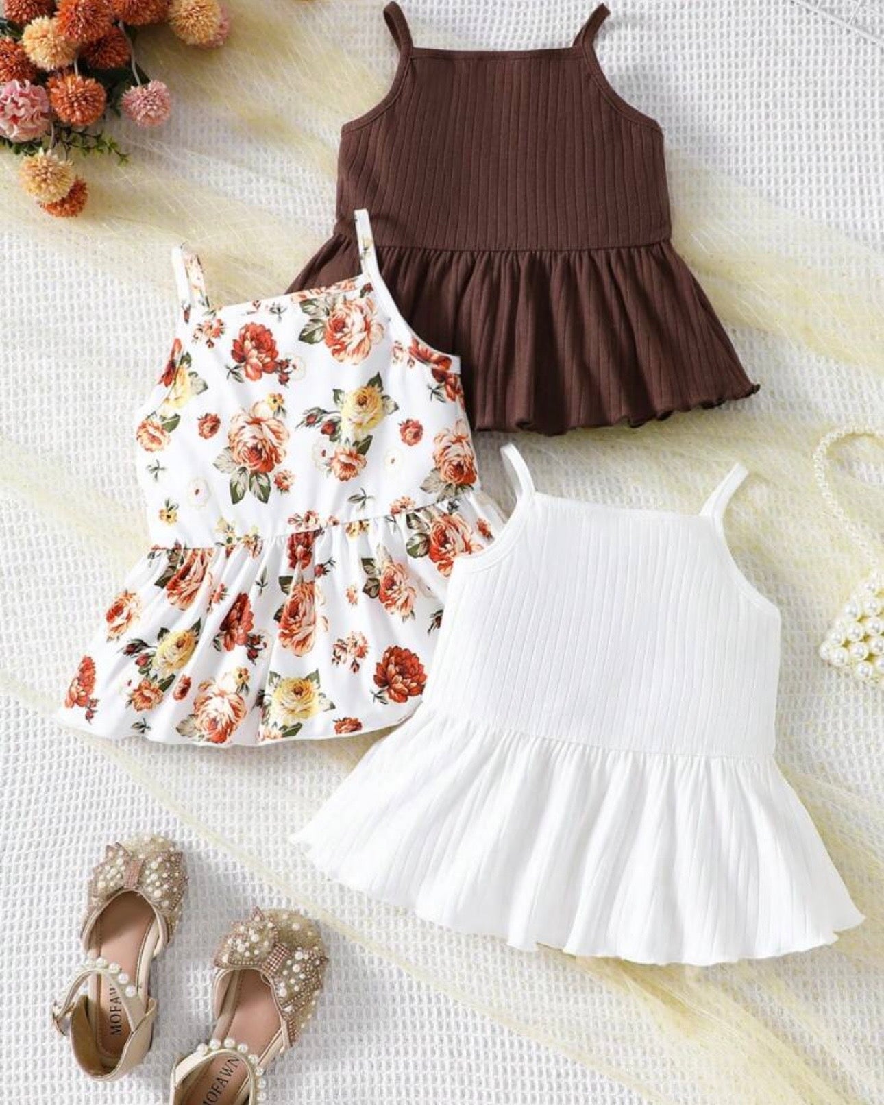 3PCS Girls Ruffle Trim Camisole Tops Set