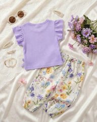 Baby Girls Purple Striped Ruffle Sleeve T-Shirt & Floral Pants Set – 2pcs Summer Outfit