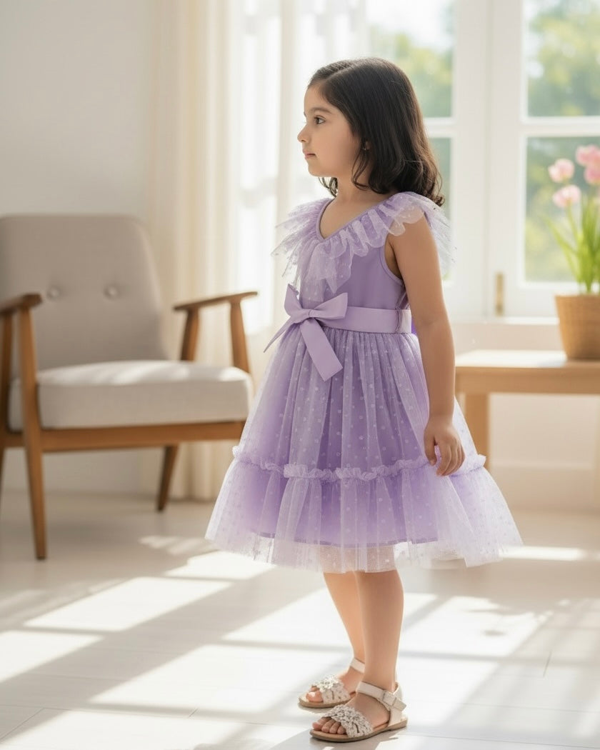 Kids Young Girl V-Neck Mauve purple Mesh Dress With Ruffles And Pleats