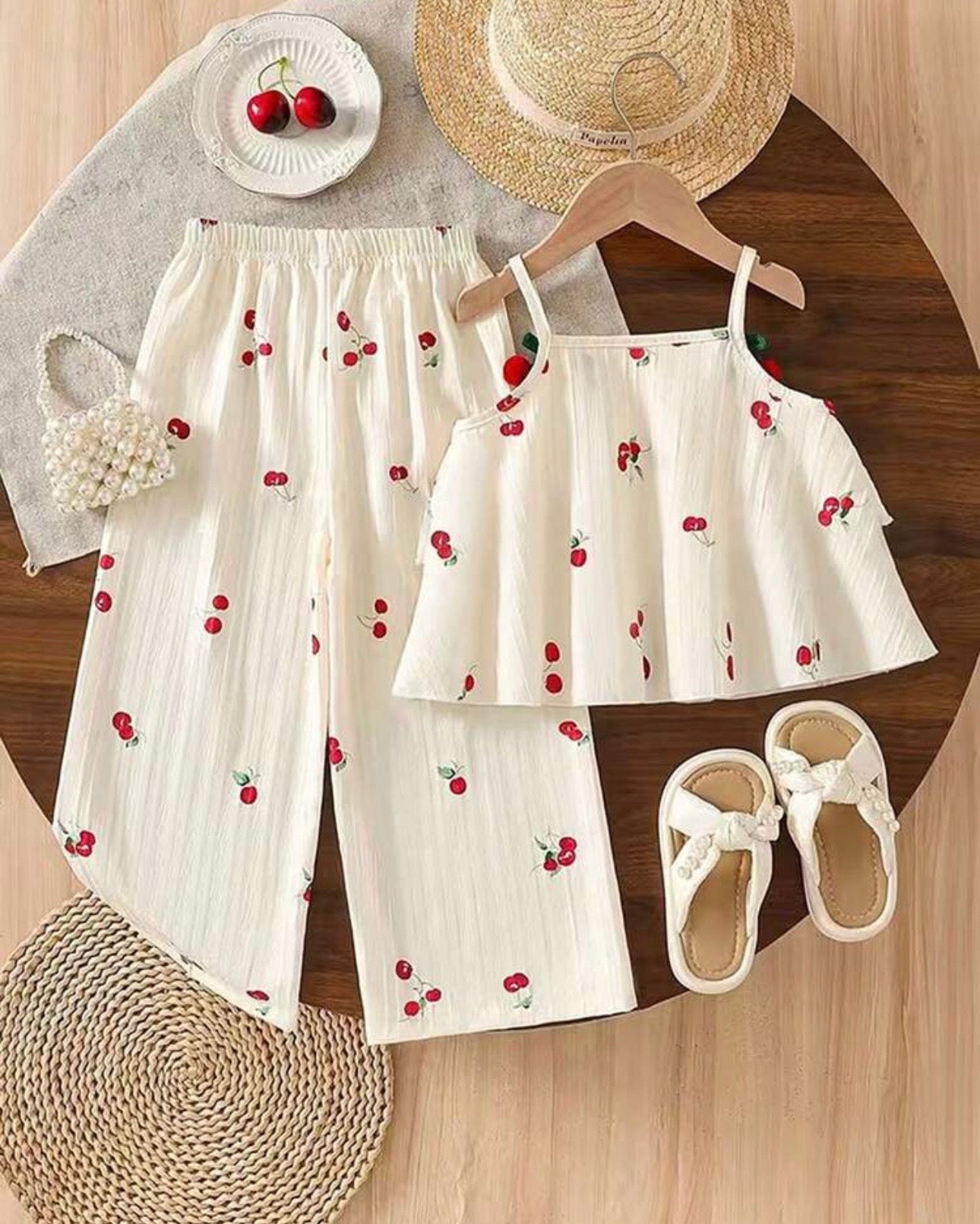 Cherry Print Cami Top With 3D Pom Pom Decor & Straight Leg Pants