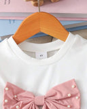 Girls 2-Piece 3D Pink Bow Beaded Outfit Set – Cap Sleeve Top & Beaded Slit Shorts