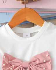 Girls 2-Piece 3D Pink Bow Beaded Outfit Set – Cap Sleeve Top & Beaded Slit Shorts
