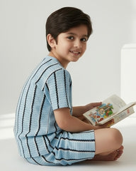 Boys Blue Waffle Stripe 2pcs Summer Set – T-Shirt & Shorts