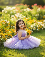 Purple Color Bow Decor Tulle Elegant Dress