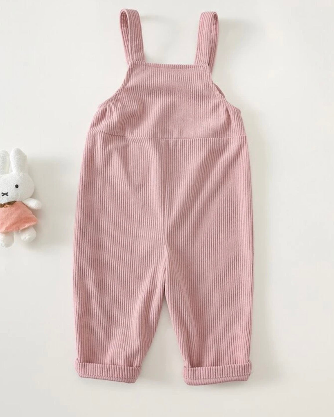 Baby Girl Pink Corduroy Letter Embroidered Ruffle Trim Ribbed Texture Overalls
