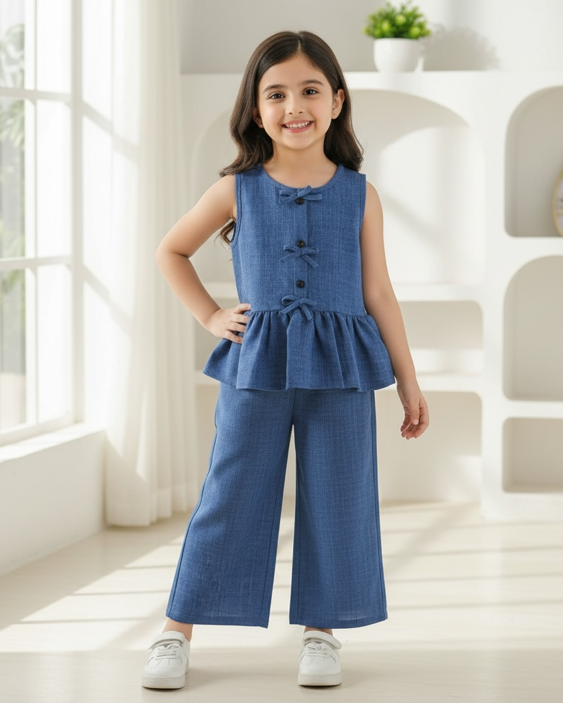 Girls Blue Ruffle Hem Cami & Solid Pants Set