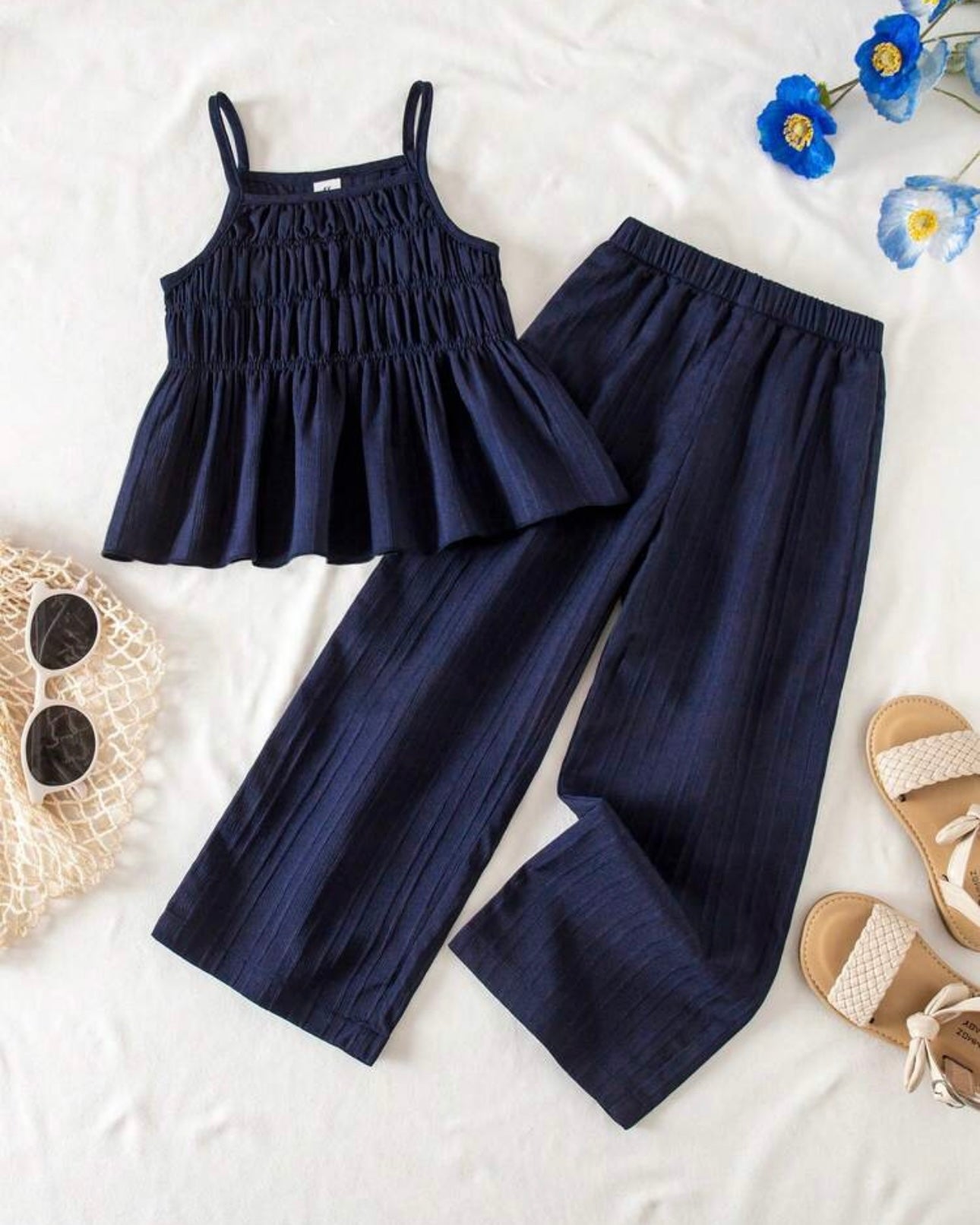 2pcs Blue Ruffle Trim Camisole & Wide Leg Pants