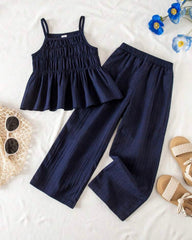 2pcs Blue Ruffle Trim Camisole & Wide Leg Pants