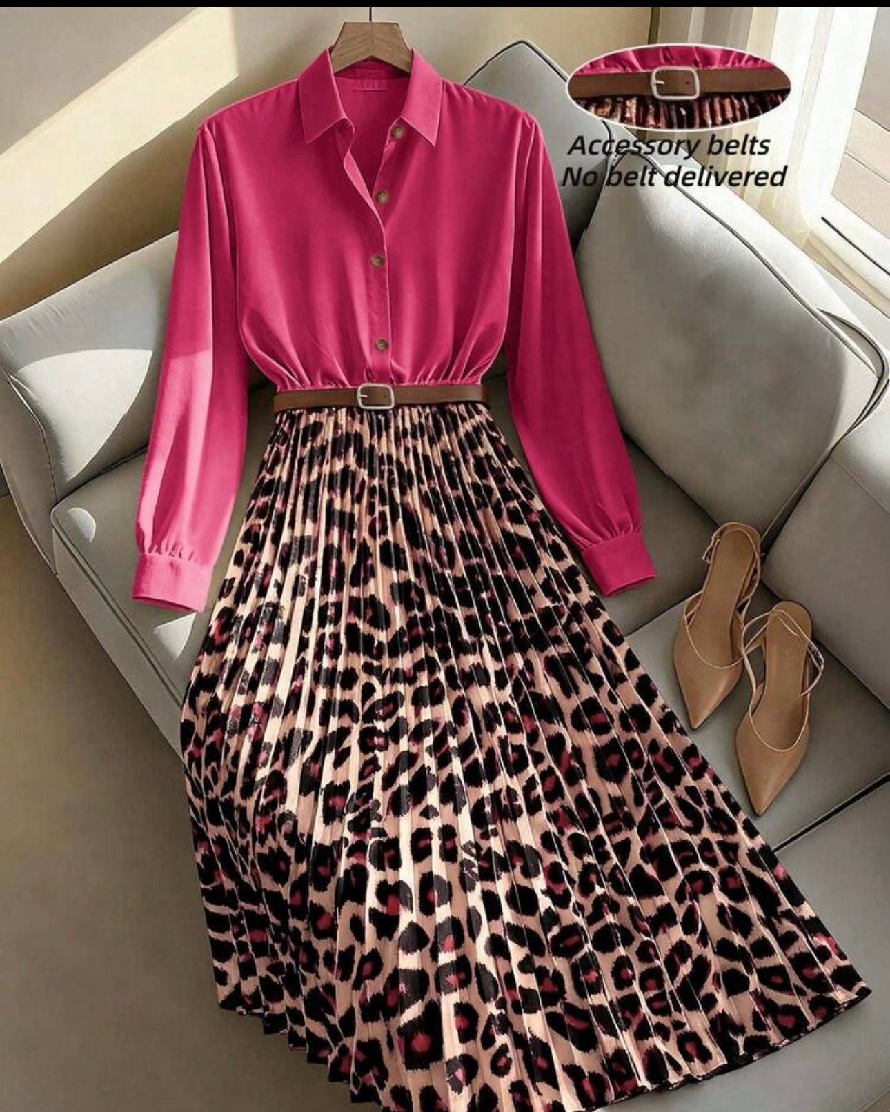 Women's Elegant Waist Cinched Slim Fit Leopard Print Pleated Flare Maxi Dress