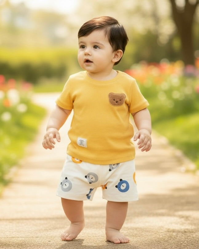 Baby Boy Bear Yellow Ribbed Summer Set