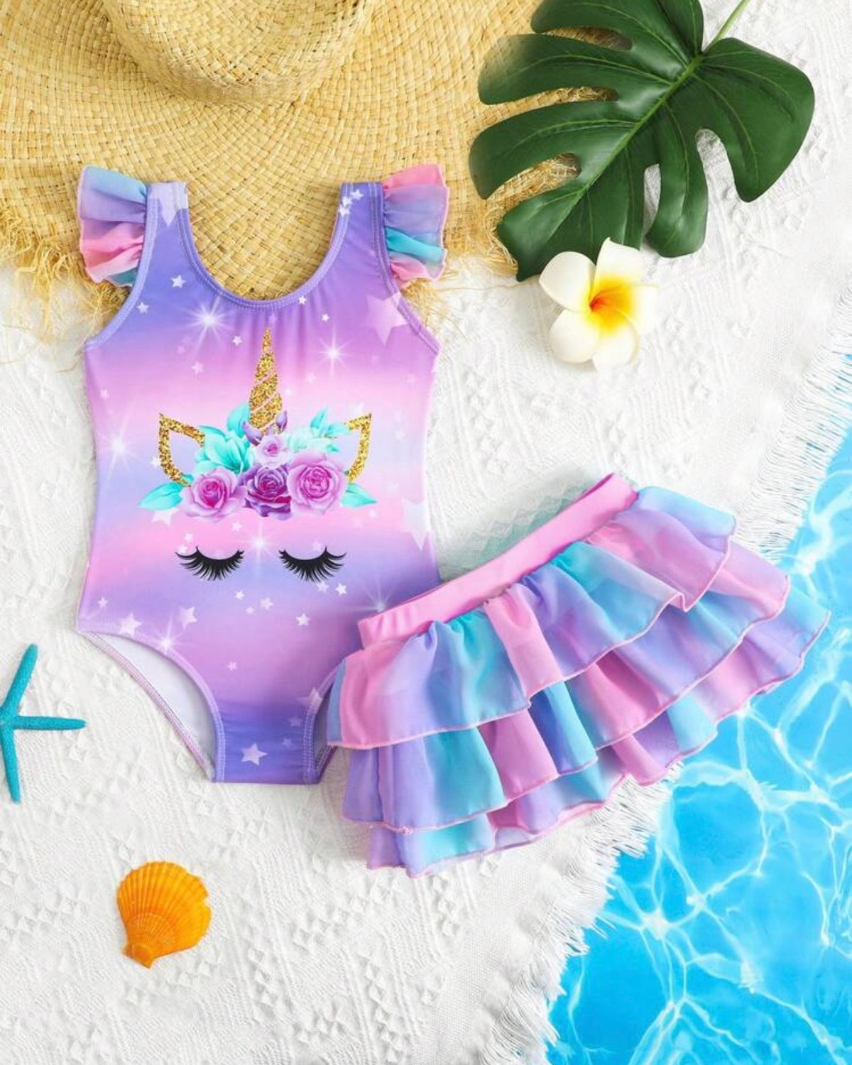 Ombre Unicorn Print Bodysuit Swimwear- 2pc Set
