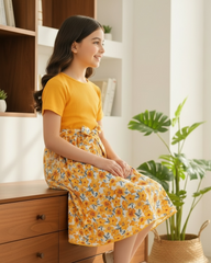 Girls Yellow Floral Patchwork Dress – Sweet Short Sleeve Summer Casual Dress