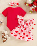 3pcs Baby Girls Red Ribbed Romper & Ruffled Overall Dress Set with Bow Headband